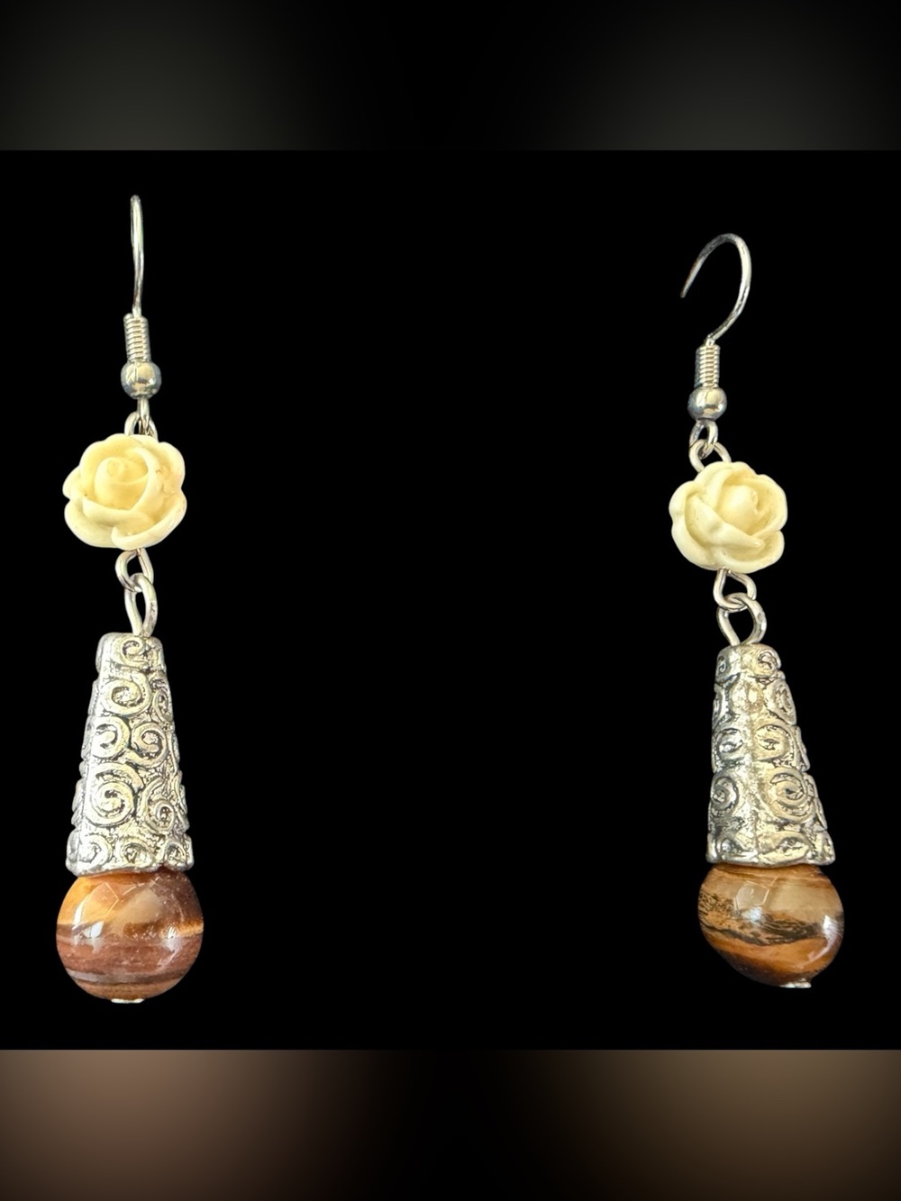 Ivory Rose & Tiger’s Eye Stone Drop Earrings with silver swirl bell shaped beads